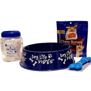 Dog Essentials Two Food Bowls Treat Container Dental Bone Toy and Chew Bones